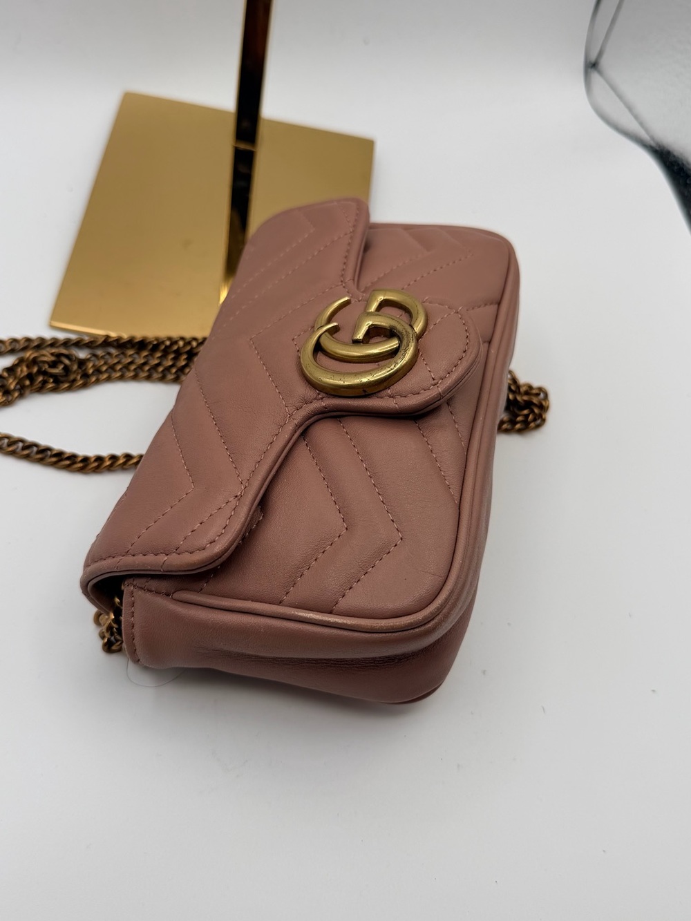 Gucci mini marmont Pink Quilted Leather Crossbody Bag with Gold Chain